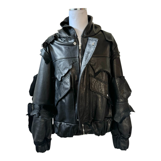 DISTRESSED LEATHER HOODED BOMBER