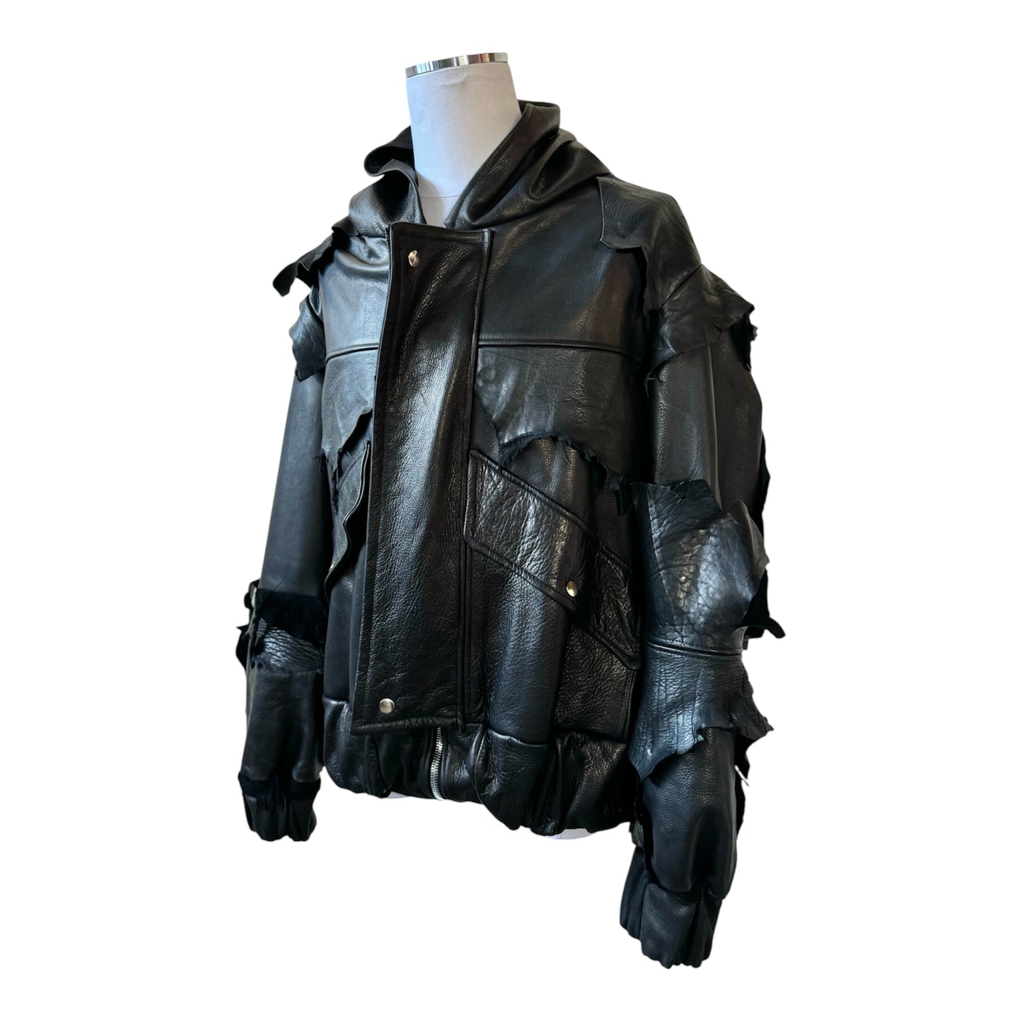 DISTRESSED LEATHER HOODED BOMBER