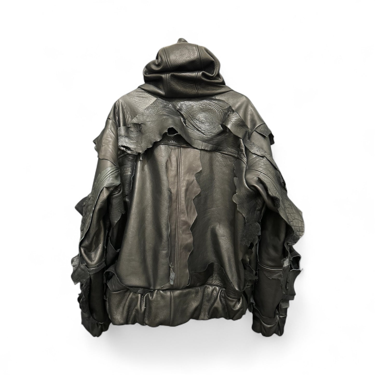 DISTRESSED LEATHER HOODED BOMBER