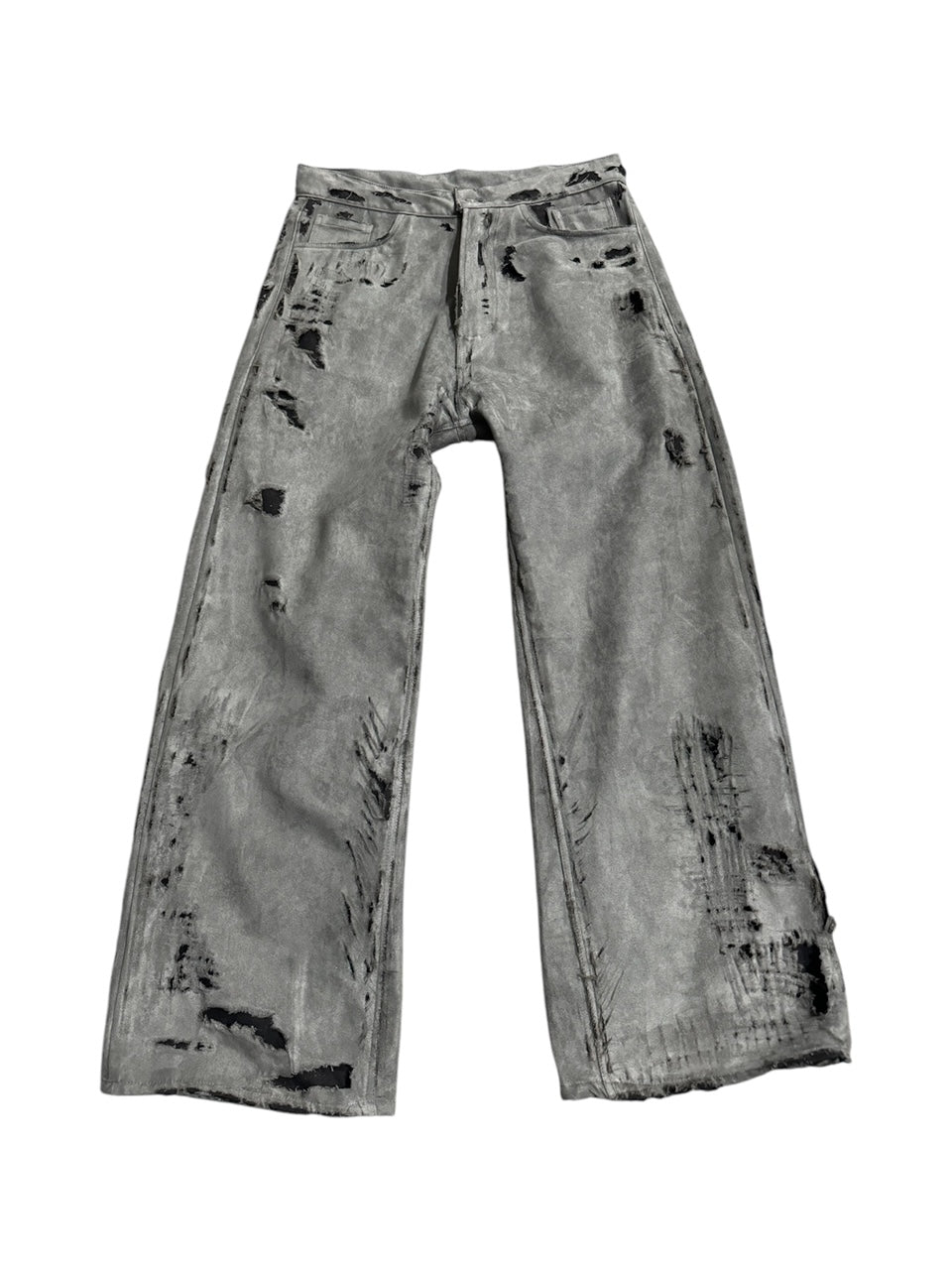 WIDE LEG DISTRESSED GREY SUEDE DENIM